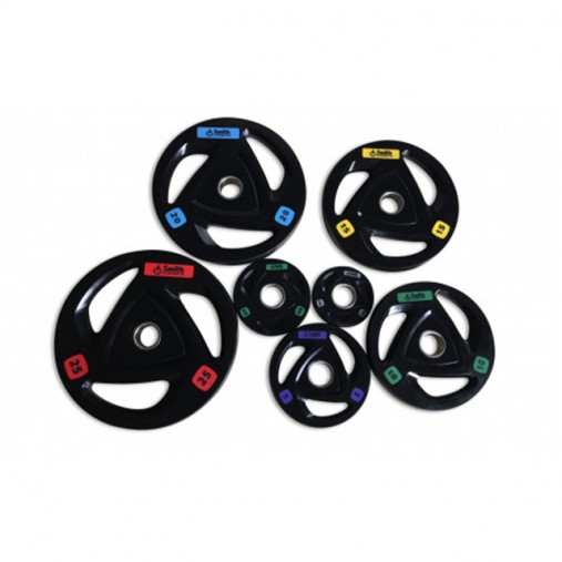 Диск для штанги Smith WP085-15 c 3-м хватом, обрезиненный, 15кг Диск для штанги Smith WP085-15 c 3-м хватом, обрезиненный, 15кг