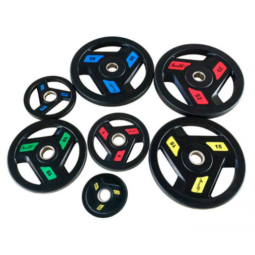 Олимпийский обрезиненный диск AeroFit 15 кг, черно-желтый, с 3-мя хватами. Посадочное кольцо из нержавеющей стали, Ø 51,5 мм