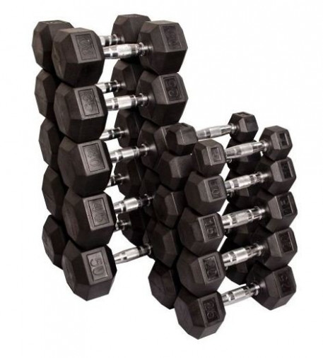 Набор гексагональных обрезиненных гантелей 9 пар, от 5 до 25 кг на 2-х рядной стойке, общий вес: 320 кг Набор гексагональных обрезиненных гантелей 9 пар, от 5 до 25 кг на 2-х рядной стойке, общий вес: 320 кг